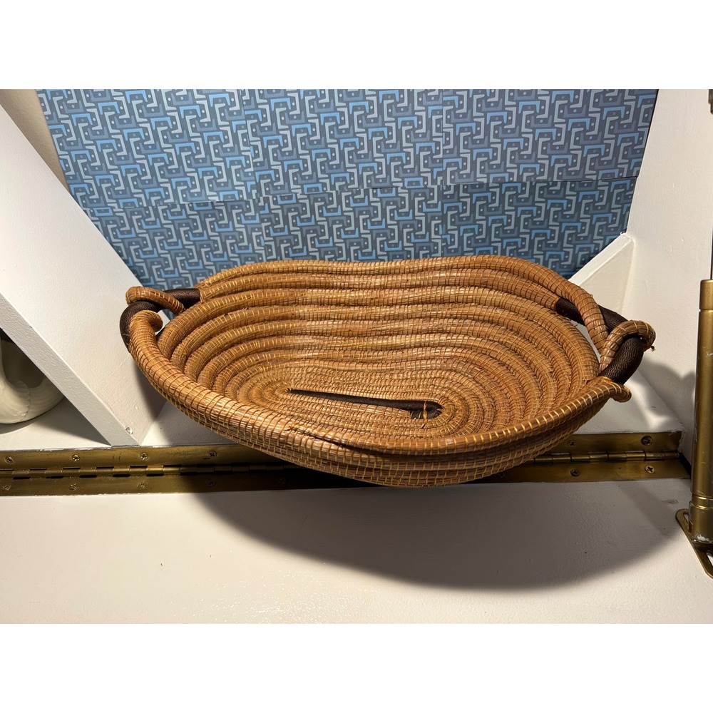 Handmade Coiled Pine Needle Basket Oval Decorative Tray with Handles Brown 13in